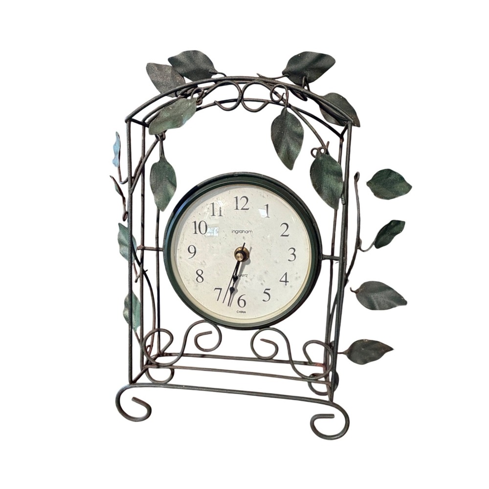 Ingraham Metal Wire Leaf Mantel Clock Green Rustic Garden Decor Quartz 13 Inch